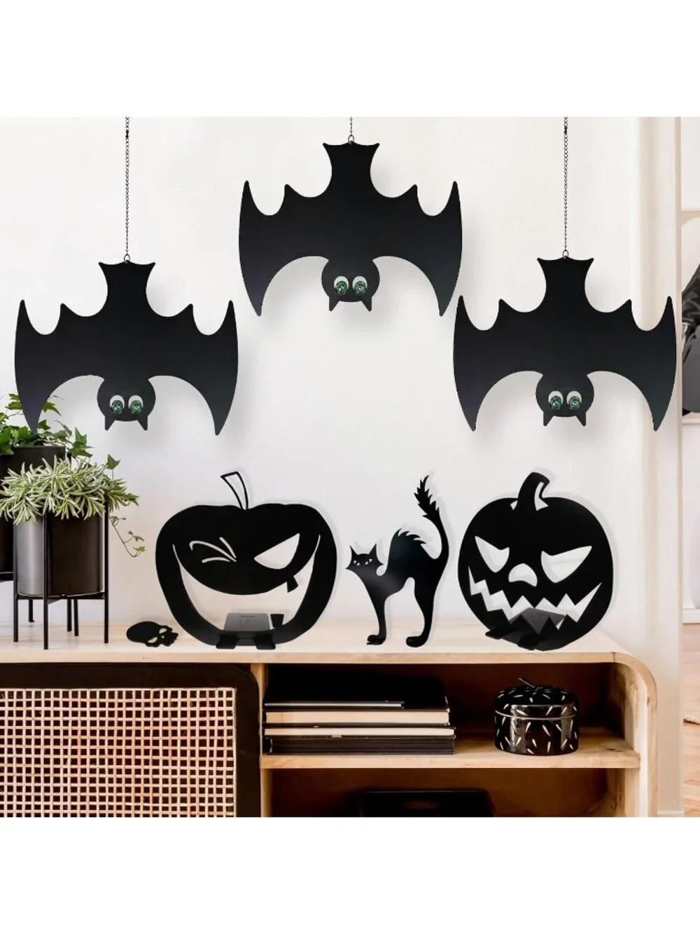 3PCS Metal Bats Hanging Decor Halloween Glowing Eyes Waterproof Patio Balcony